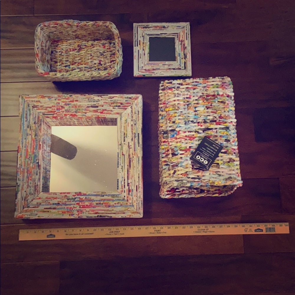 Mirror, picture frame, and baskets set.